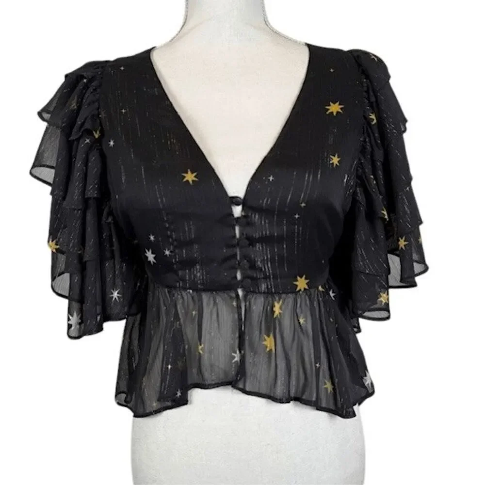Lovers & Friends Georgie Star Bright Blouse Chiffon Ruffle Black Gold Size Small - Picture 3 of 11